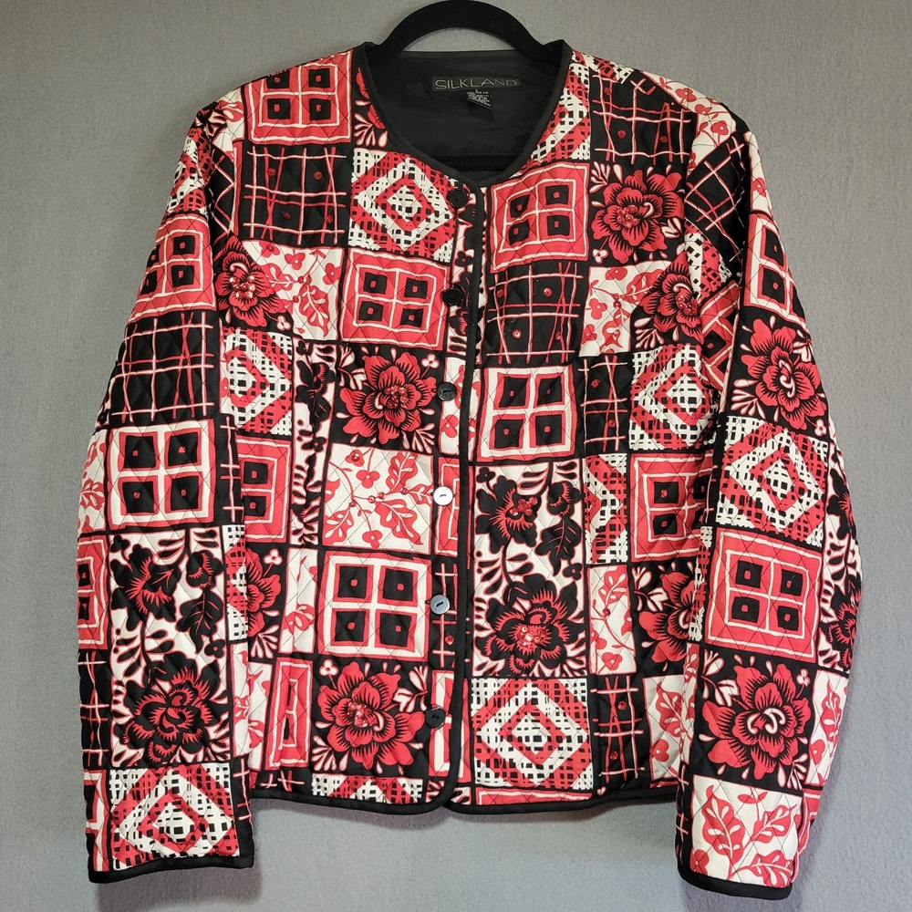 Silkland Womens Large Silk Quilted Patchwork Jacket Red Black Floral Sequins L